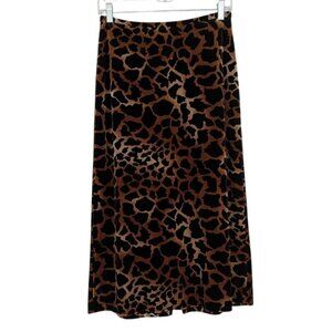 Vintage Clio Animal Print Midi Velour Skirt Womens Size 4 Brown Stretch 27 Waist